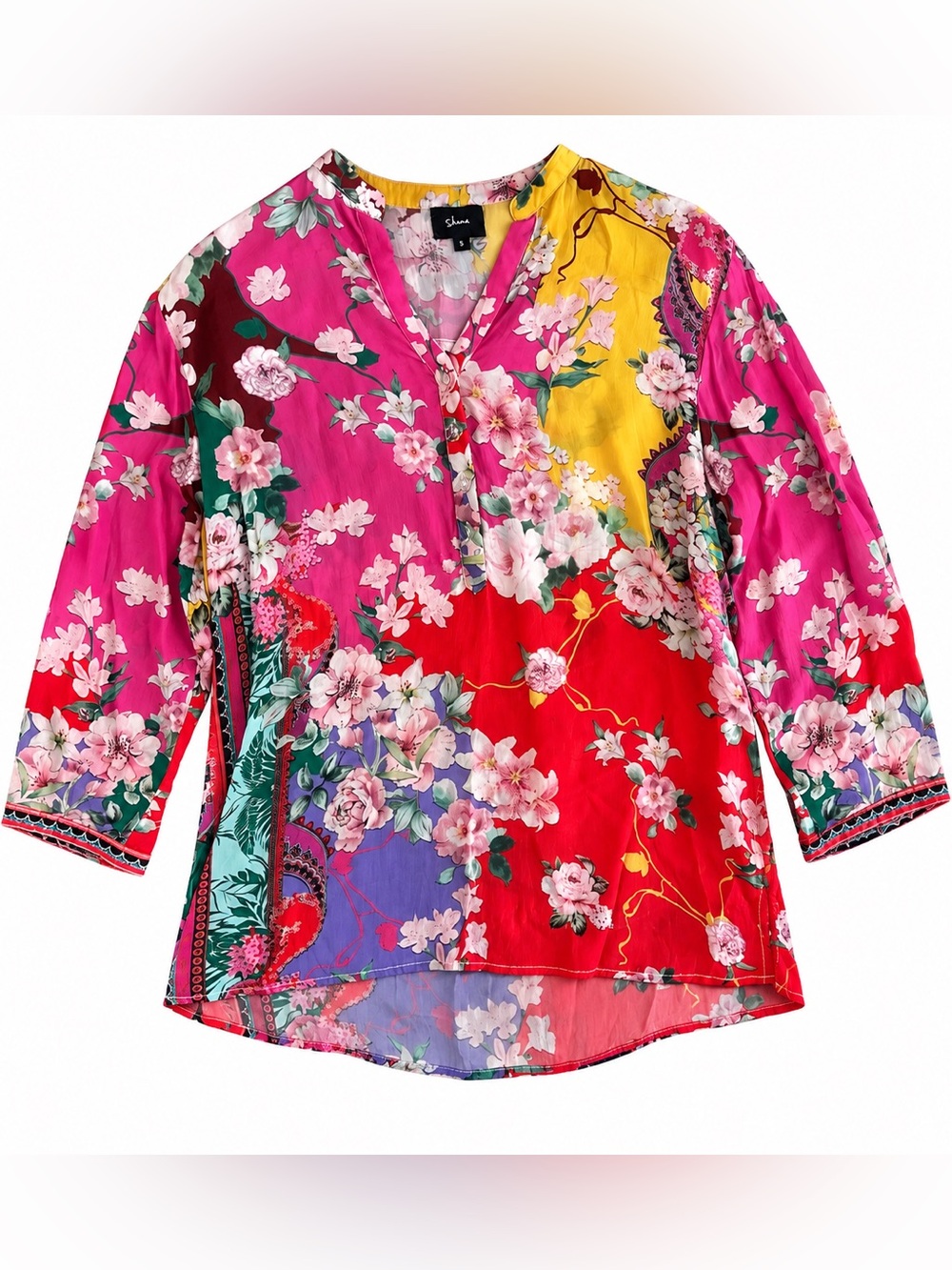 Shana Floral Patchwork Blouse Women's Small 100% Viscose Silk Boho Tunic Top